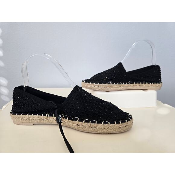 ZARA Black Sequin Espadrilles NWT Size 6.5 Slip-On Flats Summer Sparkle Vibes - Picture 5 of 10